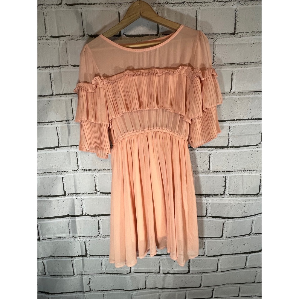 Dowisi Peach Pleated Ruffle Chiffon Mini Dress Sheer Yoke Elastic Waist Pink